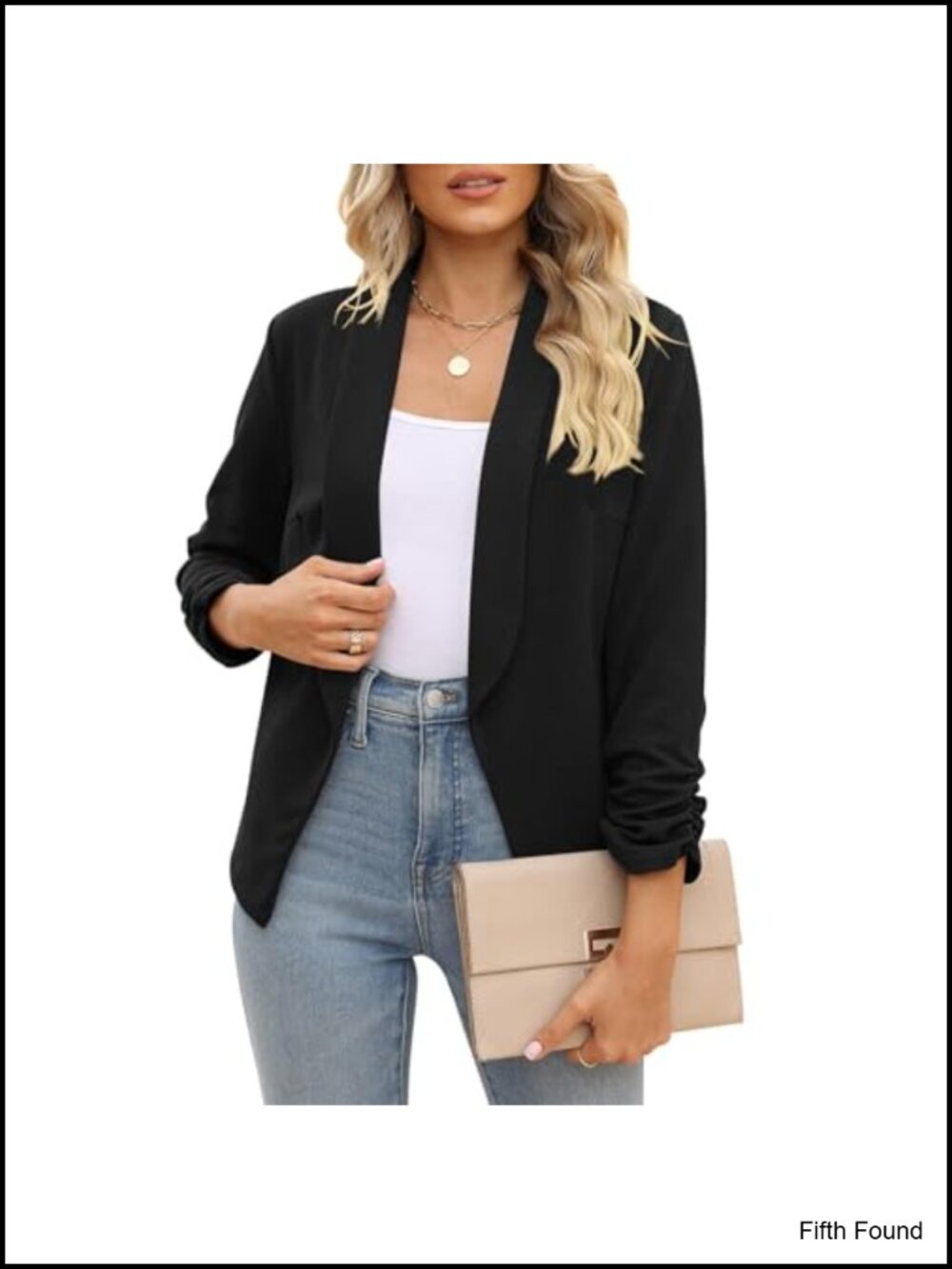 Women's Open Front Blazer 3/4 Ruched Sleeve Business Casual Work Office Jacket